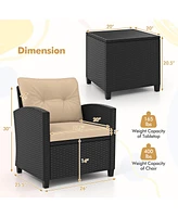 Gymax 3 Pcs Patio Furniture Set w/Tempered Glass Coffee Table Washable Cushions