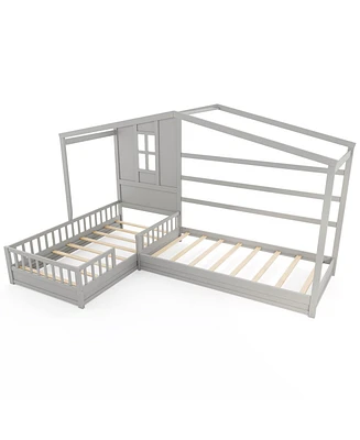 L-shaped Double Beds House Platform with Fences Corner Bed Frame