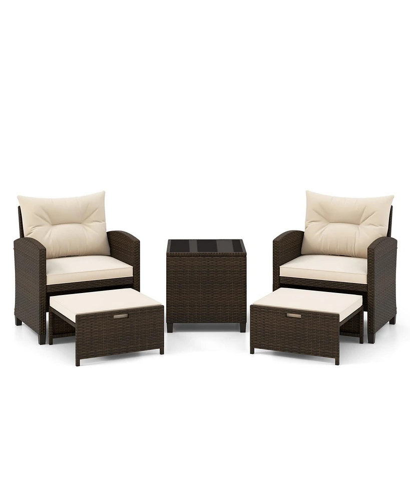 5 Pieces Patio Rattan Furniture with 2 Ottomans and Tempered Glass Coffee Table