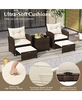 5 Pieces Patio Rattan Furniture with 2 Ottomans and Tempered Glass Coffee Table