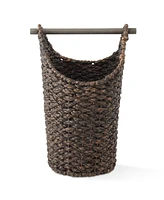 Casafield Toilet Paper Roll Holder Storage Basket with Wood Bar - Natural, Woven Water Hyacinth Wicker Bathroom Tissue Organizer