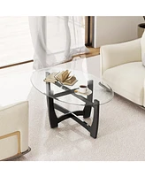 Oval Coffee Table with Tempered Glass Tabletop and Rubber Wood Legs