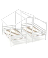 Double Wooden Bed Frames with Built-in Table for Kids