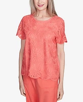 Alfred Dunner Women's Catalina Island Lace Trimmed Textured Top