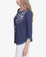 Alfred Dunner Women's Nantucket Asymmetric Floral Embroidered Crew Neck Top