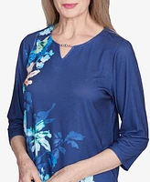 Alfred Dunner Women's Nantucket Asymmetric Floral Beaded Split Neck Top