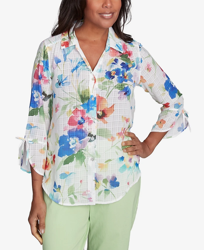 Alfred Dunner Women's Parrot Cay Abstract Watercolor Button Down Top