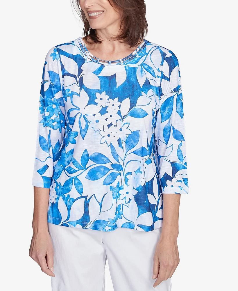 Alfred Dunner Women's Parrot Cay Monotone Cobalt Floral Top