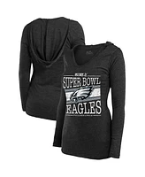 Majestic Women's Heather Charcoal Philadelphia Eagles Super Bowl Lix Dapper Tri-Blend V-Neck Long Sleeve Hoodie T-Shirt