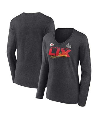 Fanatics Women's Heather Charcoal Kansas City Chiefs Super Bowl Lix Quick Pass Long Sleeve V-Neck T-Shirt