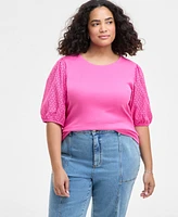On 34th Trendy Plus Eyelet-Sleeve Rib-Knit Top, Exclusively at Macy's