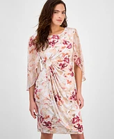 Connected Petite Floral-Print Ruched Cape-Sleeve Dress