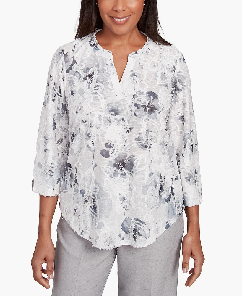 Alfred Dunner Petite Estate of Mind Monotone Floral Jacquard Top