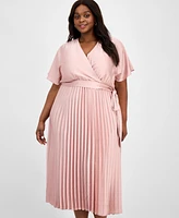 Sandra Darren Plus Pleated Tie-Waist Flutter-Sleeve Dress