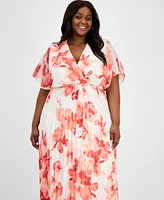Sandra Darren Plus Printed-Chiffon Flutter-Sleeve Dress