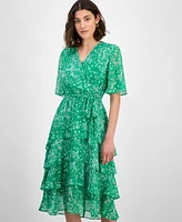 Sandra Darren Petite Printed Chiffon Tie-Waist Flutter-Sleeve Dress