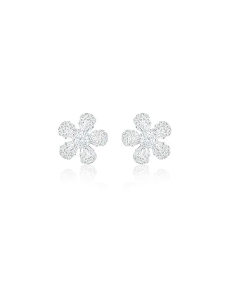 White Gold Tone Floral Studs Pave Cubic Zirconia Statement Earrings