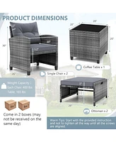 5-Piece Outdoor Rattan Furniture Set with 2 Ottomans and Glass Coffee Table