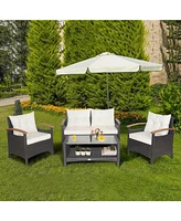 4 Pieces Patio Rattan Furniture Set with Cushioned Sofa and Storage Table