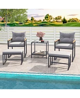 5 Piece Outdoor Rattan Conversation Set with 2-Layer Side Table and 2 Ottomans