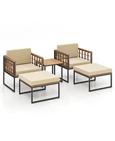 5 Piece Outdoor Furniture Set Acacia Wood Chair Set with Ottomans and Coffee Table