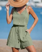 Women's Olive Green V-Neck Button Front Romper