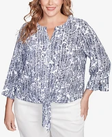 Hearts Of Palm Plus Size Making Waves Printed Tie Front Gauze Top