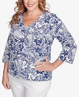 Hearts Of Palm Plus Size Printed Essentials V-Neck Top