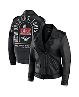 Wear by Erin Andrews Women's Rebecca Minkoff x Black Super Bowl Lix Fanatics Exclusive Tabitha Oversized Leather Asymmetrical Moto Full-Zip Jacket