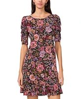 Msk Petite Floral-Print Puffed-Shoulder Ruffled-Hem Dress