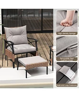 Gymax 5PCS Wicker Patio Furniture Set Rattan Chairs w/ 2-Tier Tempered Glass Side Table