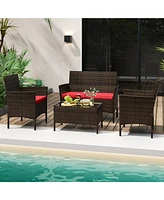 4 Piece Patio Rattan Conversation Set with Cozy Seat Cushions