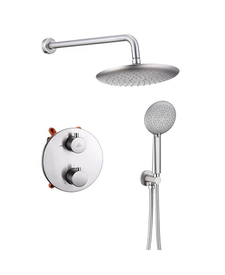 9.5 Inch Wall Mount Dual Shower Heads Shower System with Handheld Sprayer 5-Spray Patterns Shower with Thermostatic Valve in Brushed Nickel