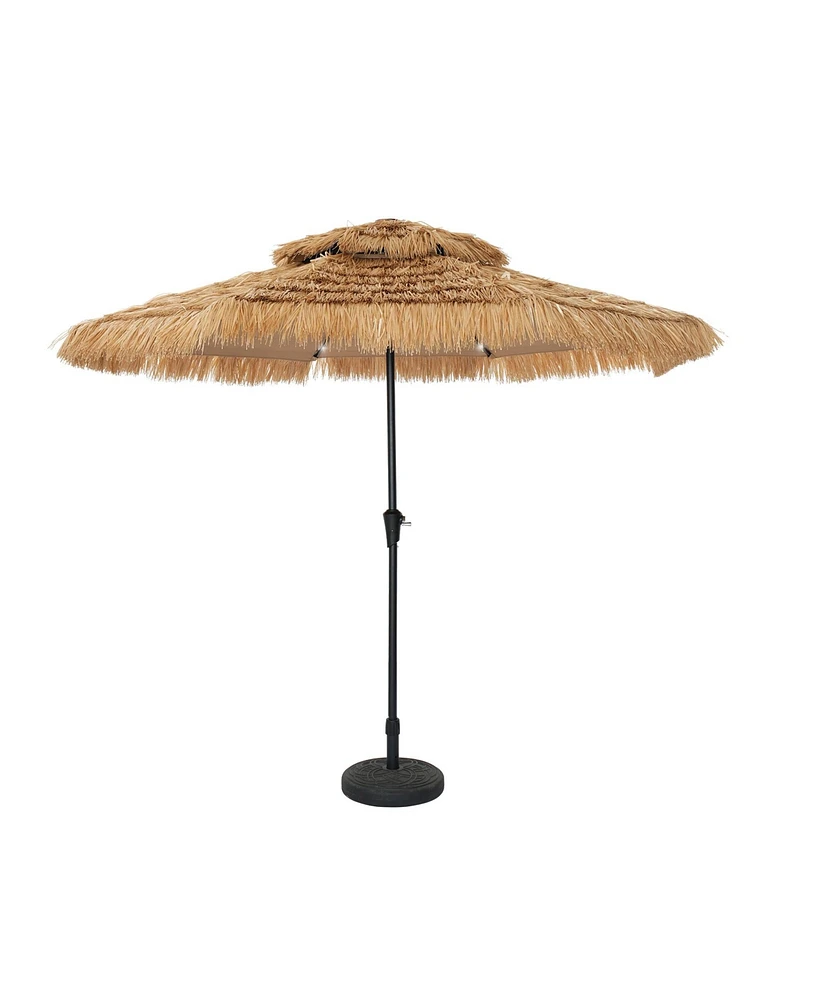 ft. Outdoor Double Layer Hawaiian Style Market Umbrella in Brown with Base and 32-Light Beads