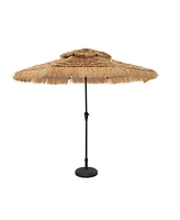 ft. Outdoor Double Layer Hawaiian Style Market Umbrella in Brown with Base and 32-Light Beads