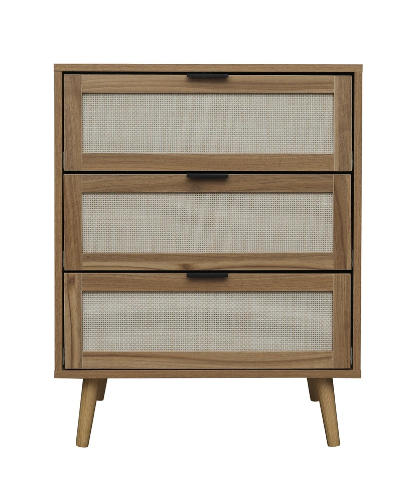 3 Drawer Storage Cabinet Rattan Dressers Chest of Drawers Entryway Cabinet Fluted Nightstand Bedside Table Dresser for Bedroom Living Room, Brown