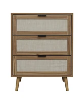 3 Drawer Storage Cabinet Rattan Dressers Chest of Drawers Entryway Cabinet Fluted Nightstand Bedside Table Dresser for Bedroom Living Room, Brown