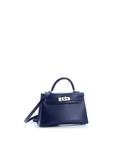 Pre-Owned HERMES Kelly 20 Handbag Blue Box Calf with Palladium Hardware
