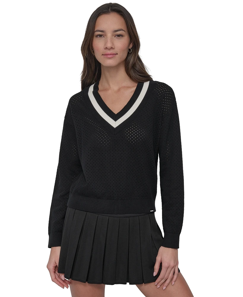 Dkny Sport Women's Open-Knit Mesh Striped V-Neck Sweater