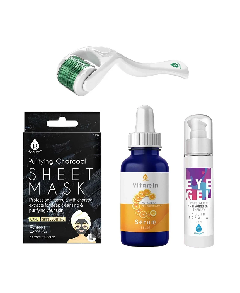 Radiance Boost Bundle: Derma Roller, Vitamin C Serum, Anti-Aging Eye Gel & Charcoal Mask – 4-Step Skincare Set for Youthful Glow