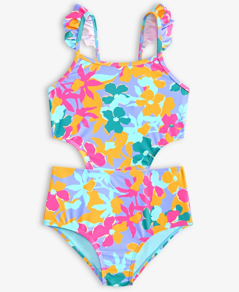 Breaking Waves Big Girls Flower Sunset Flutter-Strap Cut-Out One-Piece Swimsuit