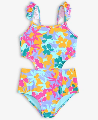 Breaking Waves Big Girls Flower Sunset Flutter-Strap Cut-Out One-Piece Swimsuit