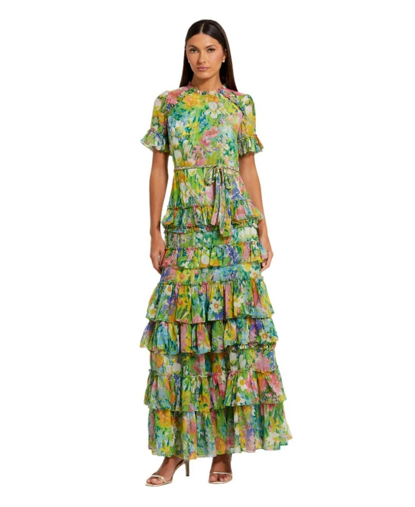 Women's Floral Printed Chiffon Tiered Ruffle Gown