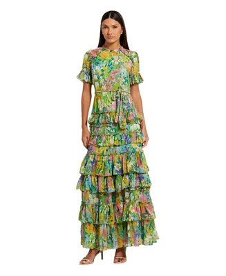 Mac Duggal Women's Floral Printed Chiffon Tiered Ruffle Gown