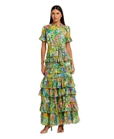 Women's Floral Printed Chiffon Tiered Ruffle Gown