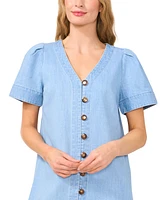 CeCe Women's Short Sleeve Button Front V-Neck Denim Dress