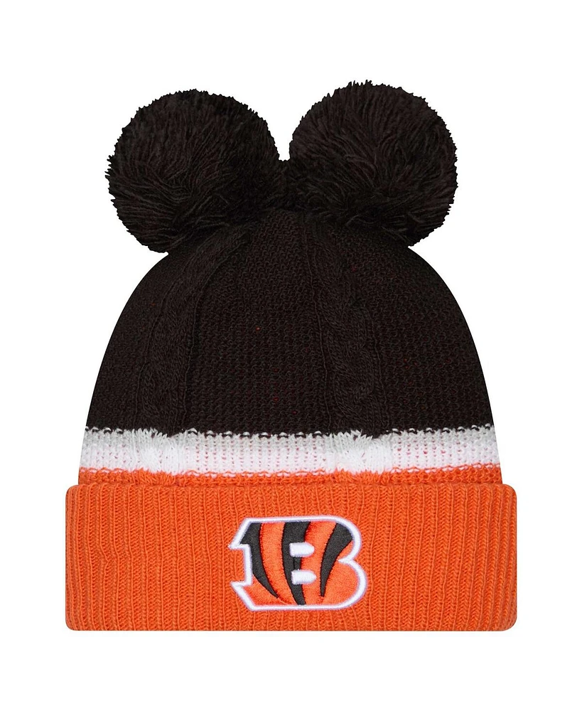 New Era Women's Black Cincinnati Bengals Double Bubble Cuffed Knit Hat with Poms