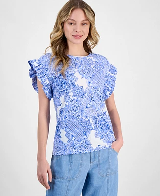Nautica Jeans Women's Printed Flutter-Sleeve Top