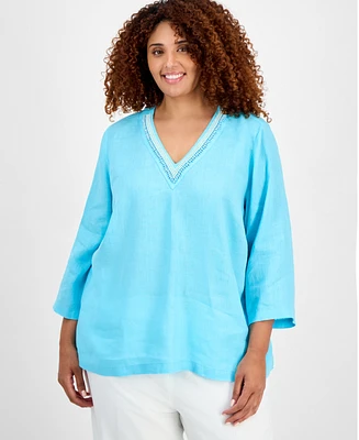 Charter Club Plus Linen Bead-Embellished 3/4-Sleeve Top, Exclusively at Macy's