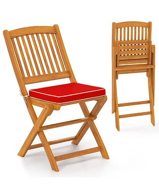 Outdoor Folding Chairs Set of 2 Acacia Wood High-Back Chair with Seat Cushions